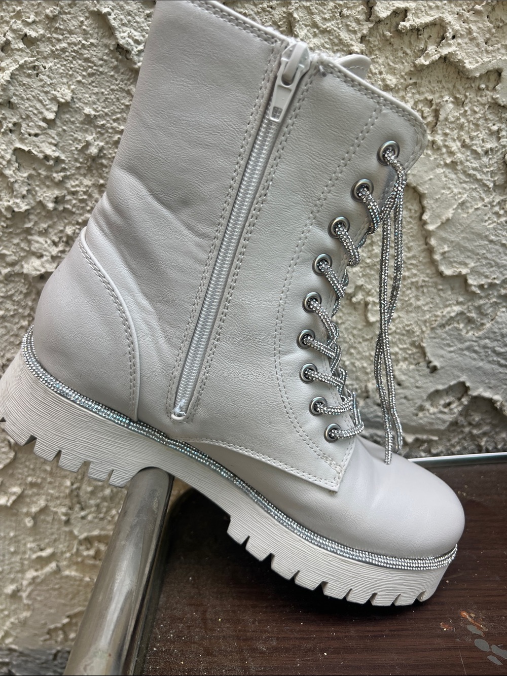 Women's White Lace-Up Platform Combat Boots